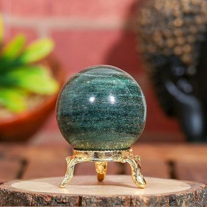 Crocon 35mm Green Aventurine Stone Sphere Ball with Metal Stand 1400+ Carats Gemstone Ball Healing Sphere Sculpture Figurine for Fengshui Divination Home Decoration Photography Crystal Sphere
