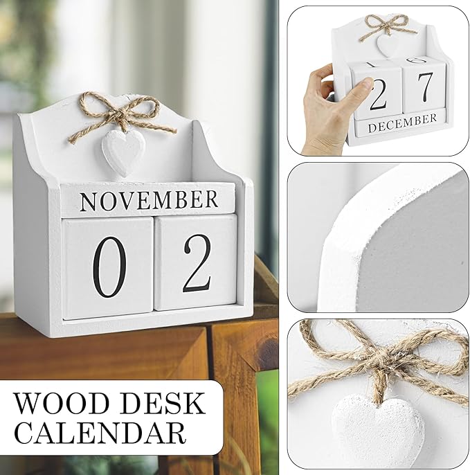 Rustic Wooden Desk Calendar - Adjustable Perpetual Cube (5.7x5.9in), White European-Style for Home Office Decor, Photography Prop