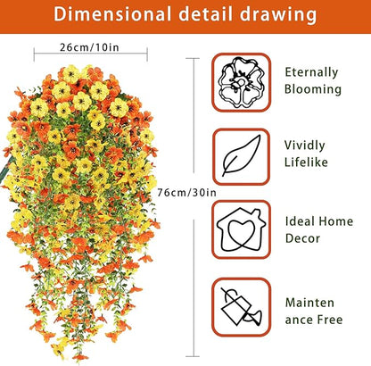 Artificial Fake Hanging Flowers Plants for Outdoor Fall Decoration, 4PCS UV Resistant Look Real Trailing Vines for Outside Home Planter Porch Patio Mums Autumn Decor(Orange&Yellow)