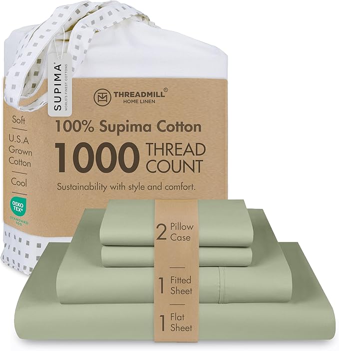 Threadmill Luxury Supima Cotton Sheets, 1000 Thread Count Soft 100% Cotton Sheets for King Size Bed, 4 Pc Sage Green King Bed Sheet Set, 5-Star Hotel Quality with Elasticized Deep Pocket King Sheet