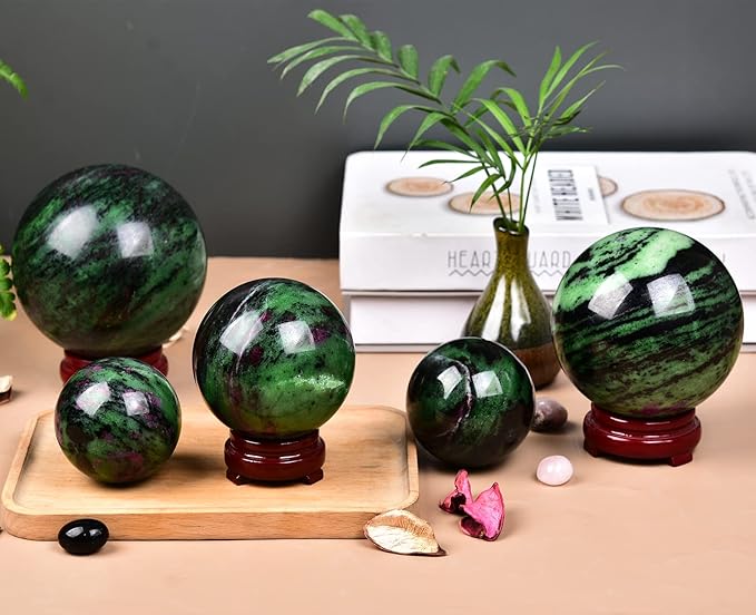 JIC Gem Natural Quartz Crystal Ball Ruby Zoisite Gemstone Sphere with Decoative Stand Red&Green Treasure Healing Crystal Ball for Meditation Grid Decor (80-90mm)