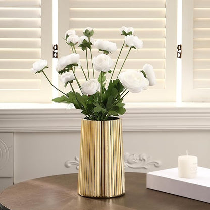 Gold Glass Vase for Flower, Flower Vase for Bouquet, Modern Glass Vases, Ribbed Vases for Living Room, Bedroom, Dining Table, Office, Wedding, Centerpieces, 8 Inches
