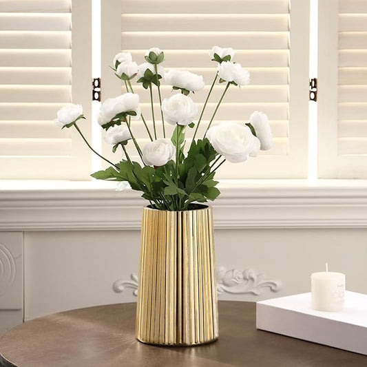 Gold Glass Vase for Flower, Flower Vase for Bouquet, Modern Glass Vases, Ribbed Vases for Living Room, Bedroom, Dining Table, Office, Wedding, Centerpieces, 8 Inches