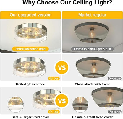Flush Mount Ceiling Light Fixtures, 2-Light Farmhouse Light Fixtures Ceiling Mount with Seeded Glass Lampshade, Industrial Flush Mount Light Fixture Farmhouse for Hallway, Kitchen, Entryway and Foyer