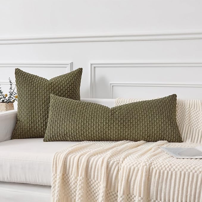 Kevin Textile 14x36 Inch Long Lumbar 1 Pack Boho Decorative Throw Pillow Cover Soft Striped Corduroy Rectangle Cushion Case Farmhouse Solid Color Accent for Living Room Couch Sofa Bed, Olive Green