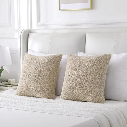 FUTEI Beige Throw Pillow Covers 24x24 Inch Set of 2,Furry Faux Fur Teddy Boucle Textured Cushion Covers,Soft Fluffy European Pillow Shams,Home Decor for Couch Bed Living Room Office Car