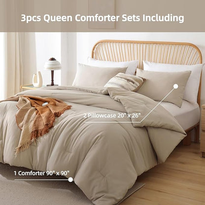 ROSGONIA Queen Comforter Set Light Khaki,3pcs Bedding Comforter Sets(1 Khaki Comforter & 2 Pillowcases) All Season Lightweight Bedspread Blanket Quilt
