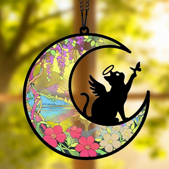 Cat Memorial Suncatcher for Window Ornament, Pet Sympathy Gift to Memorialize The Loss, Angel Cat Sun Catchers with Personalized Decorations