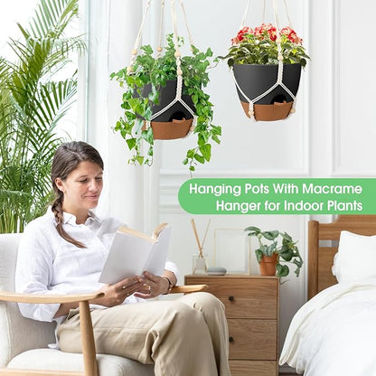 Hanging Planters for Indoor Outdoor Plants, 2 Pack Self Watering Hanging Pot with Drainage Holes, Removable Tray & 2 Kinds of Plant Hangers, 10'' Hanging Flower Pots for Home Garden Decor, Black