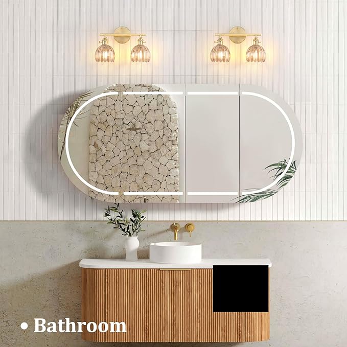 Bathroom Light Fixtures, 2-Light Brass Vanity Wall Light Over Mirror with Amber Tulip Glass Shade for Bedroom Living Room (Bulb Not Included)