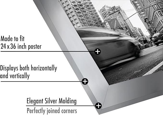 Americanflat 24x36 Poster Frame with Polished Plexiglass - Silver Picture Frame - Wide Photo Frames Made of Engineered Wood for Vertical or Horizontal Wall Display - Epic Collection - Silver