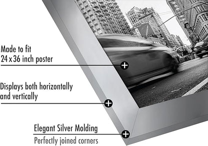 Americanflat 24x36 Poster Frame with Polished Plexiglass - Silver Picture Frame - Wide Photo Frames Made of Engineered Wood for Vertical or Horizontal Wall Display - Epic Collection - Silver