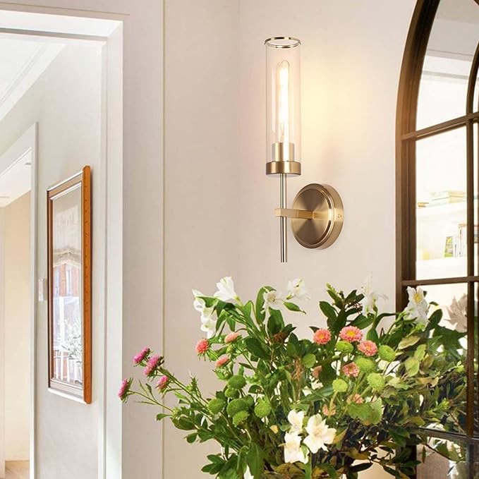 Wall Sconces Set of Two,Modern Bathroom Sconces Wall Lighting 16" 60W Brushed Gold Sconces Wall with Clear Glass Shade for Living Room Corridor Mirror Bedroom Stairs