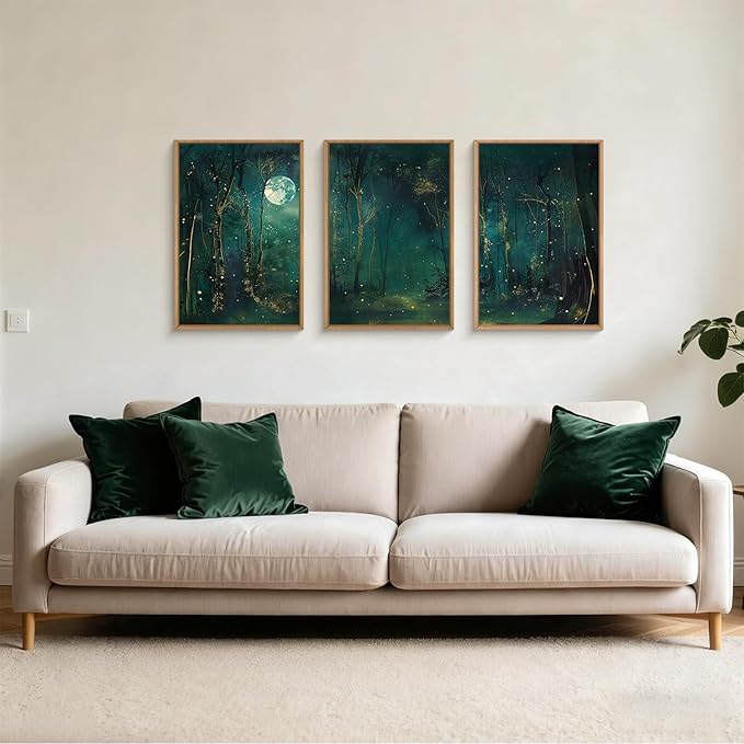 Large Vintage Moon and Star Forest Framed Canvas Wall Art,Mystical Night Sky Scenery Wall Decor,Moody Tree Landscape Artwork,Magical Midnight Art Print for Living Room,Bedroom,Office- 16"x24"x3