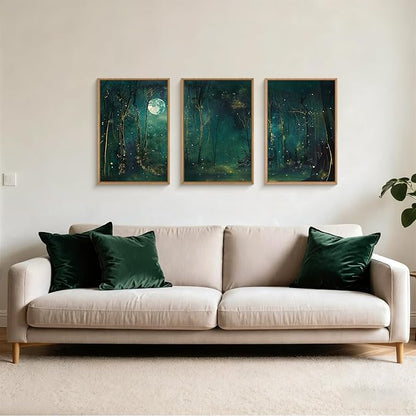 Large Vintage Moon and Star Forest Framed Canvas Wall Art,Mystical Night Sky Scenery Wall Decor,Moody Tree Landscape Artwork,Magical Midnight Art Print for Living Room,Bedroom,Office- 16"x24"x3