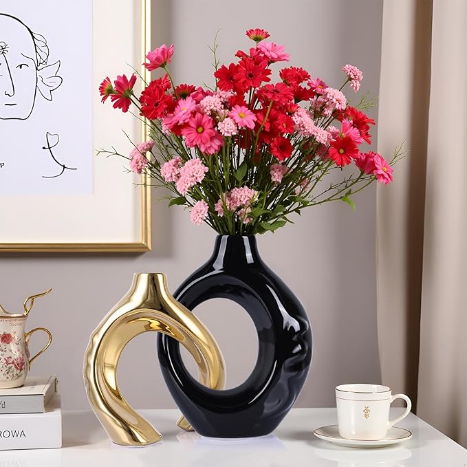 LCCCK Boho Black and Gold Ceramic Vases for Home Decor - Small Hollow Donut Vases for Living Room Table Wedding Centerpiece