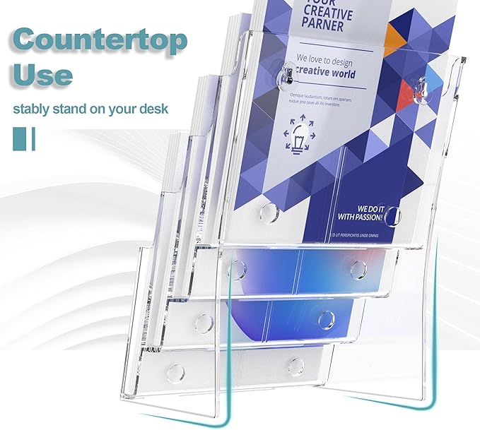 Brochure Holder 8.5x11 Inch 4 Tier with Removable Divider for 4x9 inch Clear Acrylic Pamphlet Display Stand Holder Countertop Use or Wall Mount for Office, Lobby, Hotel, Trade Show, 1 Pack