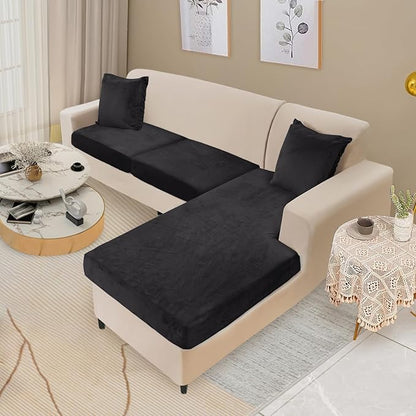 NAISI Sectional Couch Cover 3 Pieces Velvet Separate Couch Cushion Covers L Shape Soft Stretch Sofa Slipcovers with 2pcs Pillowcases for Left/Right Chaise Sectional Couch(2 Seater+1 Chaise,Black)