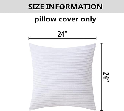 Home Brilliant White Euro Shams Set of 2 60x60 Pillow Covers Striped Corduroy Textured Velvet European Pillow Shams for Couch, 24 x 24 inch, Pure White