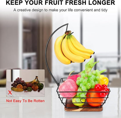 Livabber Countertop Fruit Basket Bowl with Banana Hanger, Modern Standing Fruit Vegetable Bowl Storage, with Banana Tree Holder for Kitchen Dinning Table (Square Wood, Black)