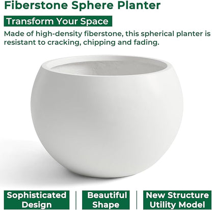 Fiberstone Sphere Planter, 19.3" Dia x 13" H Large Flower Pot with Drainage Hole and Silicone Plug, Round Plant Container for Indoor or Outdoor, 15" Opening, Large White