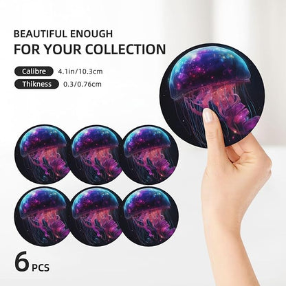 6 Pcs Ceramic Coasters with Holder Absorbent Drink Round Fantasy Starry Sky Galaxy Gellyfish Design for Home Table Coffee Cup Wine Beer Bar,Size 4.4 inches