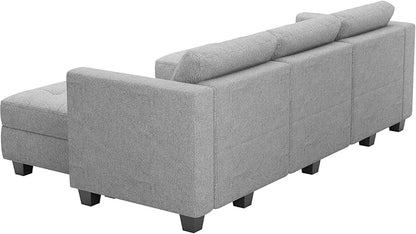 Belffin U-Shaped Sectional Sofa, Light Grey, 58.3"W x 90.2"L x 33.5"H, Reversible Chaise Lounge, Sturdy Solid Wood Frame, Plush Woven Fabric, Hidden Storage, Foldable Backrest, Easy Assembly