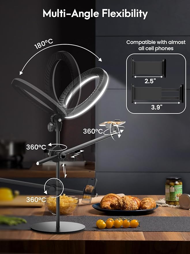 Selfie Ring Light with Stand and Phone Holder,Overhead Phone Mount with 10.5" Ring Lights,Desk Circle Lingt with Tripod Adjustable Shooting Arm for Video Recording,YouTube,TikTok,Live Streaming