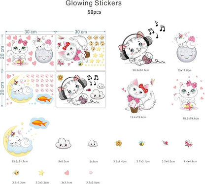Glow in The Dark Stars for Girl's Room, Glowing Cats Cartoon Wall/Ceiling Decals, Kitten Butterflies Stickers for Kids Bedroom, Luminous Wall Decor for Nursery (Blue)