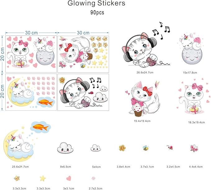 Glow in The Dark Stars for Room,Cats Glowing Wall/Ceiling Decals, Kitten Butterflies Stickers for Kids Bedroom, Clouds Bees Luminous Wall Decor for Boy and Girl Living Room