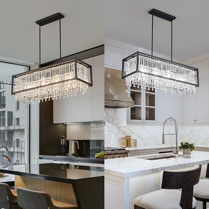 LMQNINE Modern Rectangle Chandelier for Dining Room, Black Crystal Chandelier Linear Light Fixture, Farmhouse Chandeliers for Kitchen Island, Bar Table, L35.43'' x W11.81'' x H9.84''