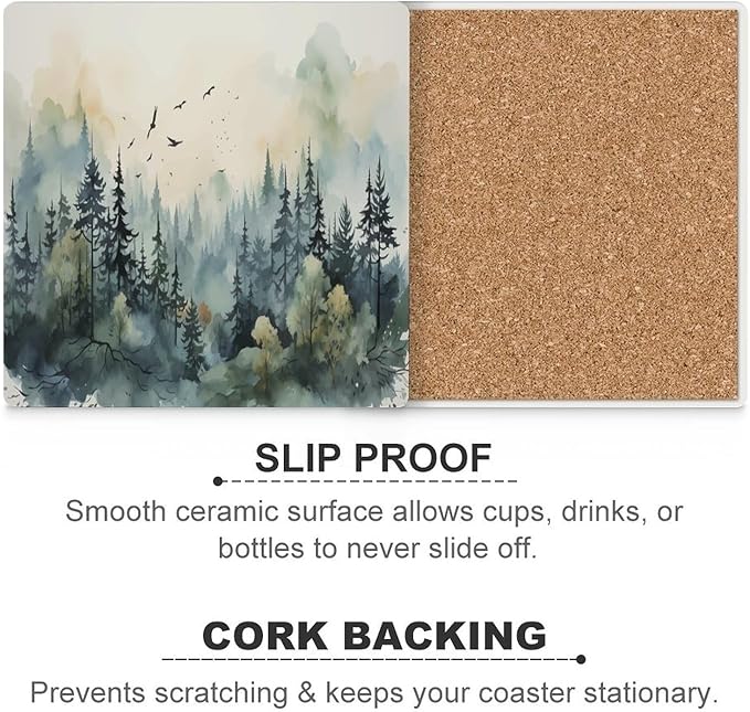 Forest Drink Coasters, Square Ceramic Drink Coaster 4PCS, Watercolor Style Nature Mountain Woodland Green Forest Flying Birds Decor Absorbent Ceramic Coasters for Beverage Cup, Bar, Coffee Table