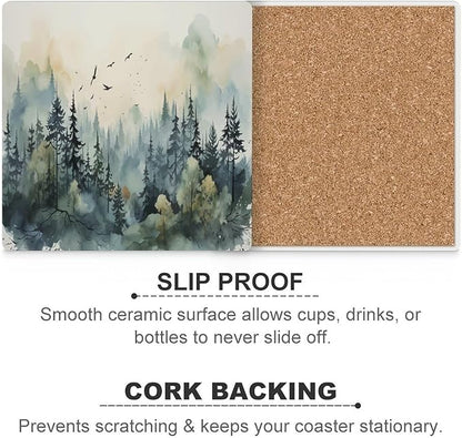6PCS Forest Drink Coasters, Square Modern Ceramic Absorbent Coasters, Watercolor Style Nature Mountain Woodland Green Forest Flying Birds Decor Desk Coffee Table Coaster for Beverage Cup Tea Coasters