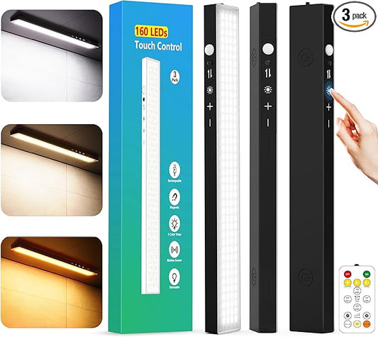 160LEDs Touch-Control Under Cabinet Lighting w/4000mAh Battery, Cordless Motion Sensor Under Counter Lights for Kitchen, Magnetic Rechargeable Closet Lights - 3Pack/Black, 2025 Fall