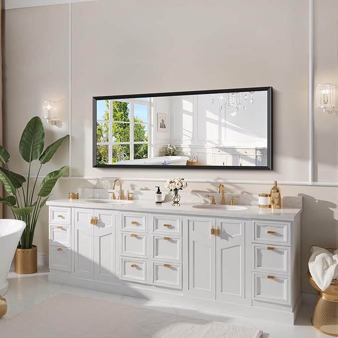Black Bathroom Mirror 60 x 24 Inch Rectangle Wave Beveled Frame for Wall Bathroom Vanity Mirror for Over Sink, Tempered Glass,for Entryway Hangs, Bathroom Living Room Horizontal or Vertical