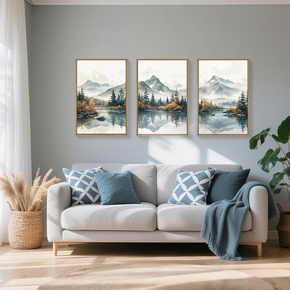 HLNIUC Winter Christmas Mountain Wall Art Framed,Large White Snowy Forest Decor Set of 3 (16"x24"), Watercolor Nature Lake Foggy Landscape Canvas Painting for Living Room, Bedroom, Office