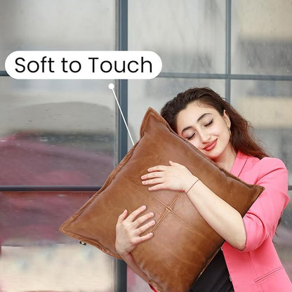 LL LEATHER LOVERS Lambskin Leather Pillow Cover - Sofa Cushion Case - Decorative Throw Covers for Living Room & Bedroom, 14x14 Inches - Antique Brown Box Pack of 1