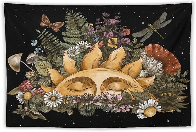 Vintage Sun Tapestry,Boho Hippie Mushroom Starry Floral Forest Plant Tapestries Wall Hanging for Dorm Living Room Bedroom Home Decor(60"x90")