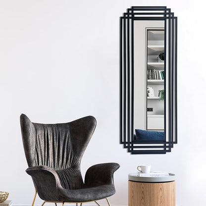 Rectangle Mirror, 42"x16" Geometric Art Mirror wirh Black Metal Frame, Modern Elegant Wall Mirrors for Living Room Bathroom Bedroom Entryway Hallway, Hangs Vertically or Horizontally