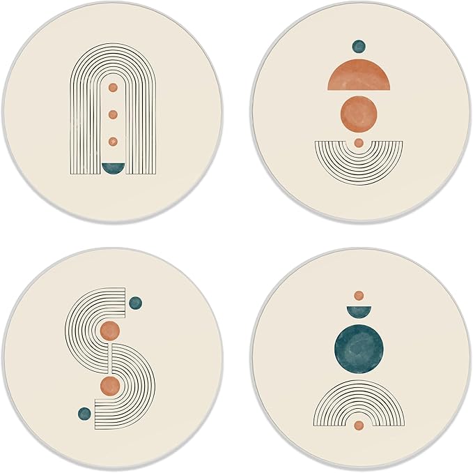 Coasters for Drinks, Set of 4 Absorbent Ceramic Coasters with Cork Base, Mid Century Modern Abstract Design, Protects Coffee Table, Gifts for Housewarming, Birthday, Home Decor