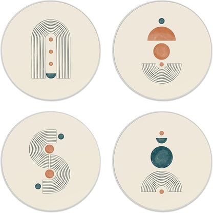 Coasters for Drinks, Set of 4 Absorbent Ceramic Coasters with Cork Base, Mid Century Modern Abstract Design, Protects Coffee Table, Gifts for Housewarming, Birthday, Home Decor