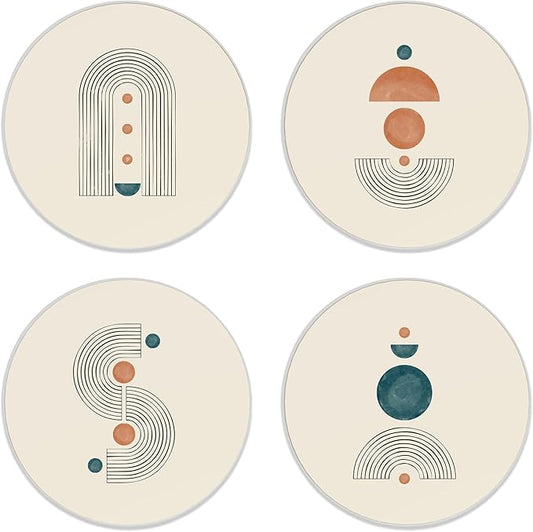 Coasters for Drinks, Set of 4 Absorbent Ceramic Coasters with Cork Base, Mid Century Modern Abstract Design, Protects Coffee Table, Gifts for Housewarming, Birthday, Home Decor
