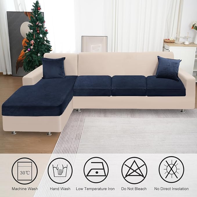 Sectional Couch Covers for 4-Piece Seat Cushion Velvet Separate L Shape Couch Cover Stretch Sofa Slipcover with 2 Pieces Pillowcases Furniture Protector (Sofa 3 Seater + 1 Chaise, Navy)