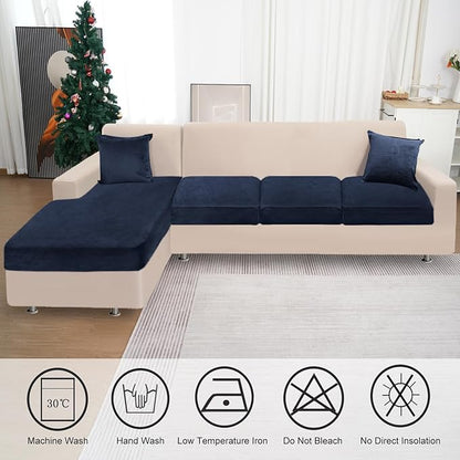 Sectional Couch Covers for 4-Piece Seat Cushion Velvet Separate L Shape Couch Cover Stretch Sofa Slipcover with 2 Pieces Pillowcases Furniture Protector (Sofa 3 Seater + 1 Chaise, Navy)