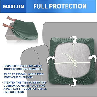 MAXIJIN Velvet Stretch Cushion Cover Fitted Couch Cushion Slipcovers 1 Pack Arm Chair Seat Cushion Cover for Individual Cushion Sofa Chair with Elastic Bottom (Chair Cushion, Pea Green)