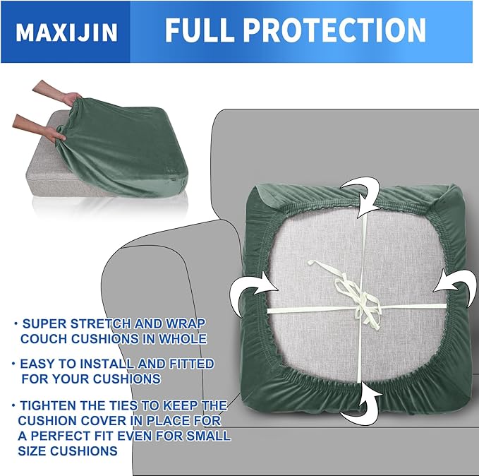 MAXIJIN Velvet Stretch Cushion Covers Couch Cushion Slipcovers Loveseat Sofa Cushion Covers for Individual Cushions with Elastic Bottom (2 Piece Loveseat Cushion Covers, Pea Green)
