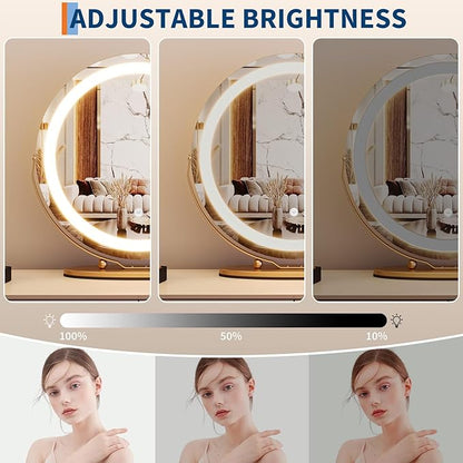 Garvee 19 in Vanity Mirror with Led Lights, Large Round Makeup Mirror with Touch Control and 3 Color Lighting Modes, Round Vanity Mirror for Bedroom, Tabletop, Living Room, Easy to Install, Gold