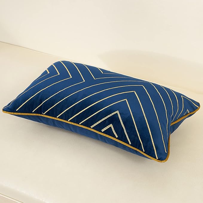 Avigers 12 x 20 Inch Navy Blue Gold Striped Geometric Lines Embroidery Velvet Cushion Case Luxury Modern Lumbar Throw Pillow Cover Decorative Pillow for Couch Living Room Bedroom Car 30 x 50cm