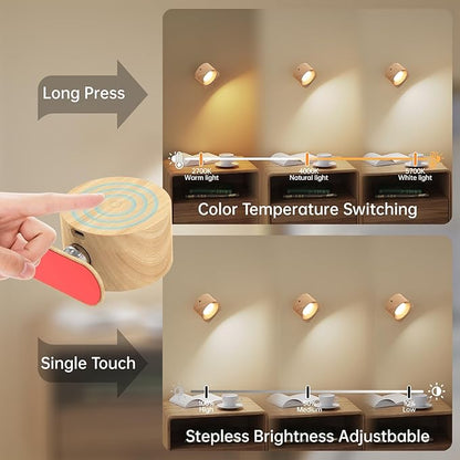 Koopala 3PACK Rechargeable LED Wall Sconce, Cordless Battery with Remote Powered Wall Sconce, 3 Brightness Levels, 360° Swivel Magnetic Shade for Reading Bedside, Wood Grain Color.