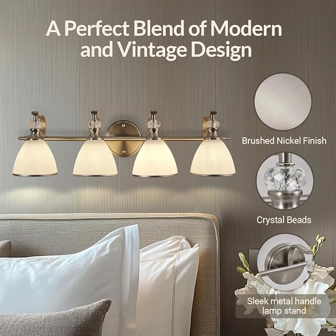 ANDY STAR Bathroom Light Fixtures Over Mirror, 4-Light Brushed Nickel Vanity Lights for Bathroom, 27.8 Inch Vintage Wall Sconce with Milk White Bell Glass Shades, Rustproof Silver Finish, E26 Base